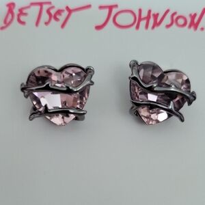 Betsey Johnson Pink Heart Crystal Studs with Gunmetal Ribbon